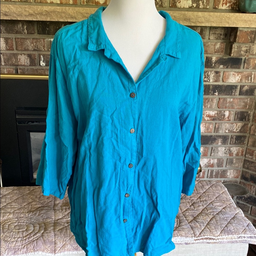 Boutique Women's Blue Button-Up Top. Cute cat fabric detail on back. 3/4 sleeves
